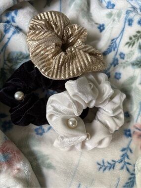 Francesca's Collections Gold, Black & White Pearl Accent Scrunchie Trio